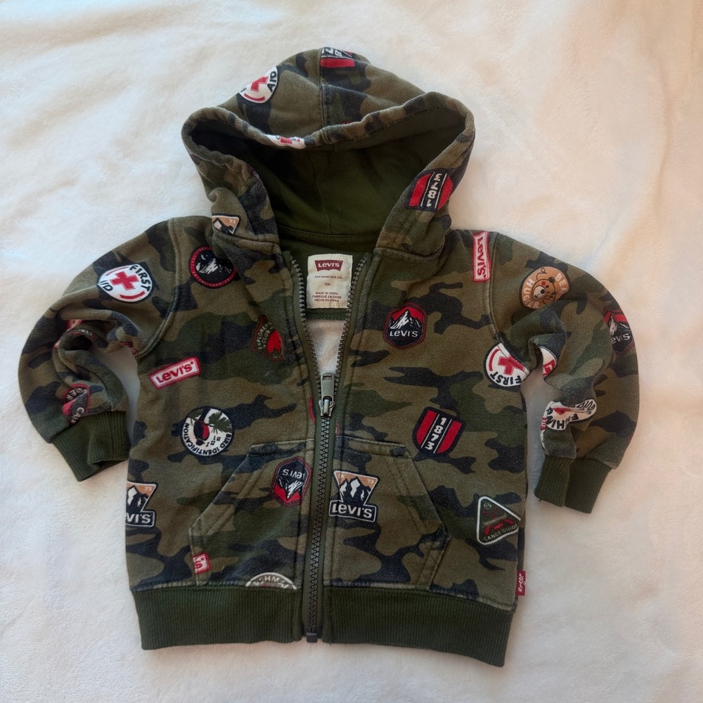Levi's Camo Zip Hoodie Toddler 12M Green Excellent Patch Graphic Fleece